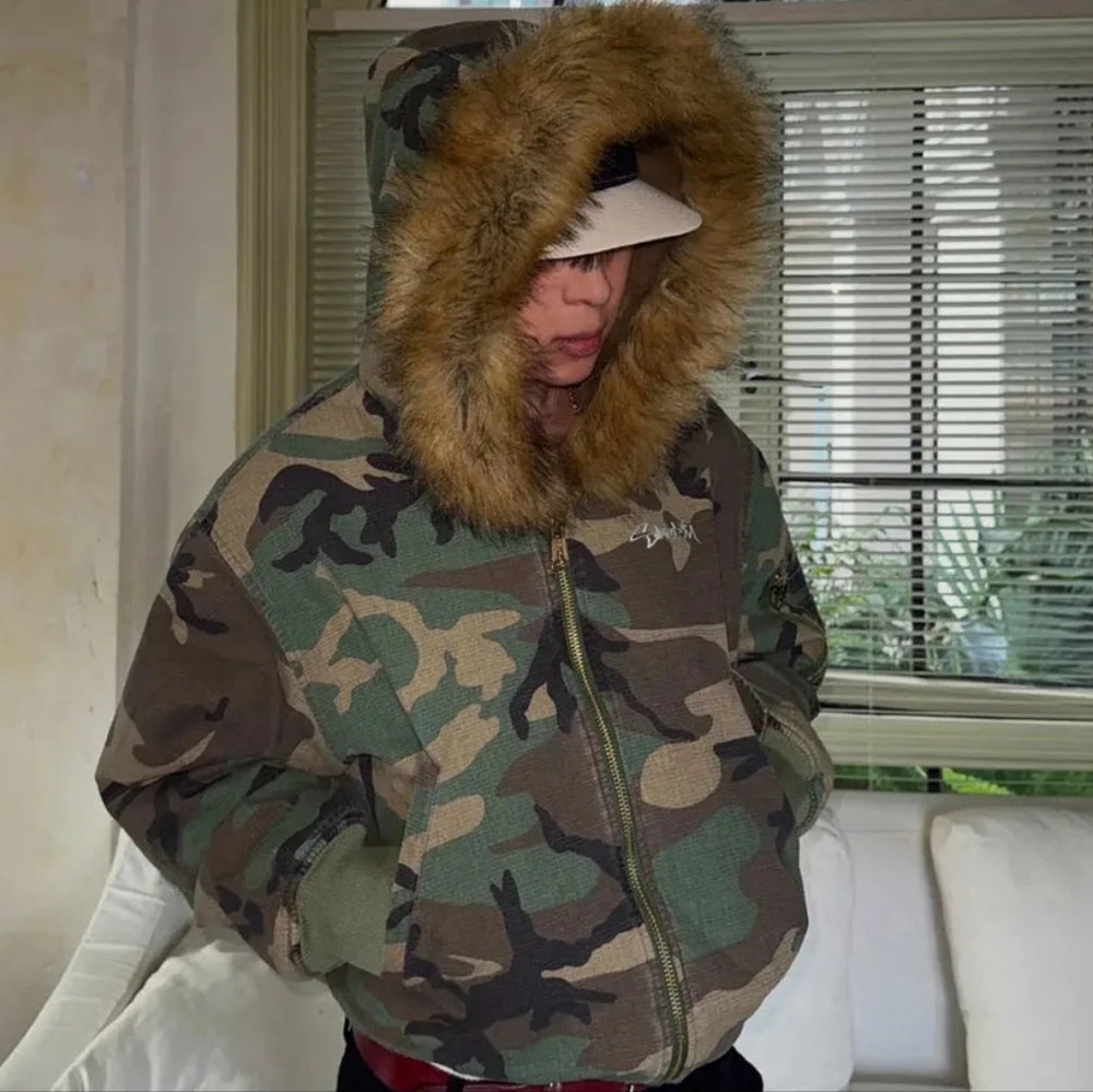 Camouflage Hooded Jacket with Fur Trim